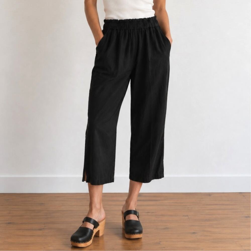Eileen Fisher Black Tencel Cropped Pants Women’s Medium Elastic Waist Wide Leg